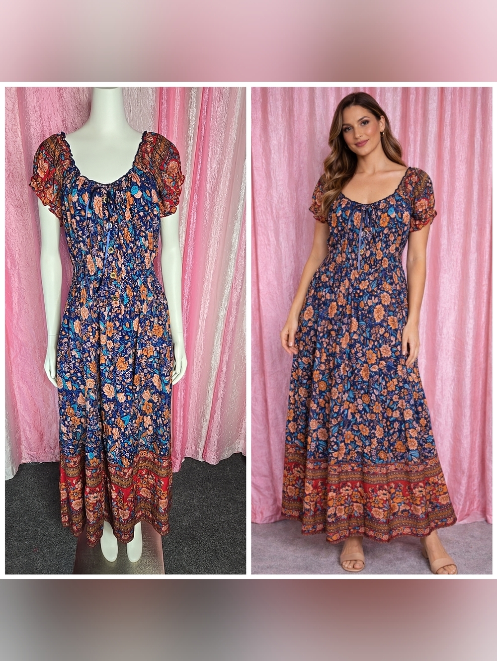 Ostoo Colorful Floral Bohemian Smocked Waist Cottagecore Maxi Dress Size XL